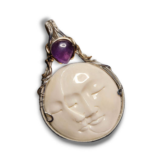 HOLD !  Moon Faces ~ Bone & Amethyst in Sterling Silver & 14k Gold Fill